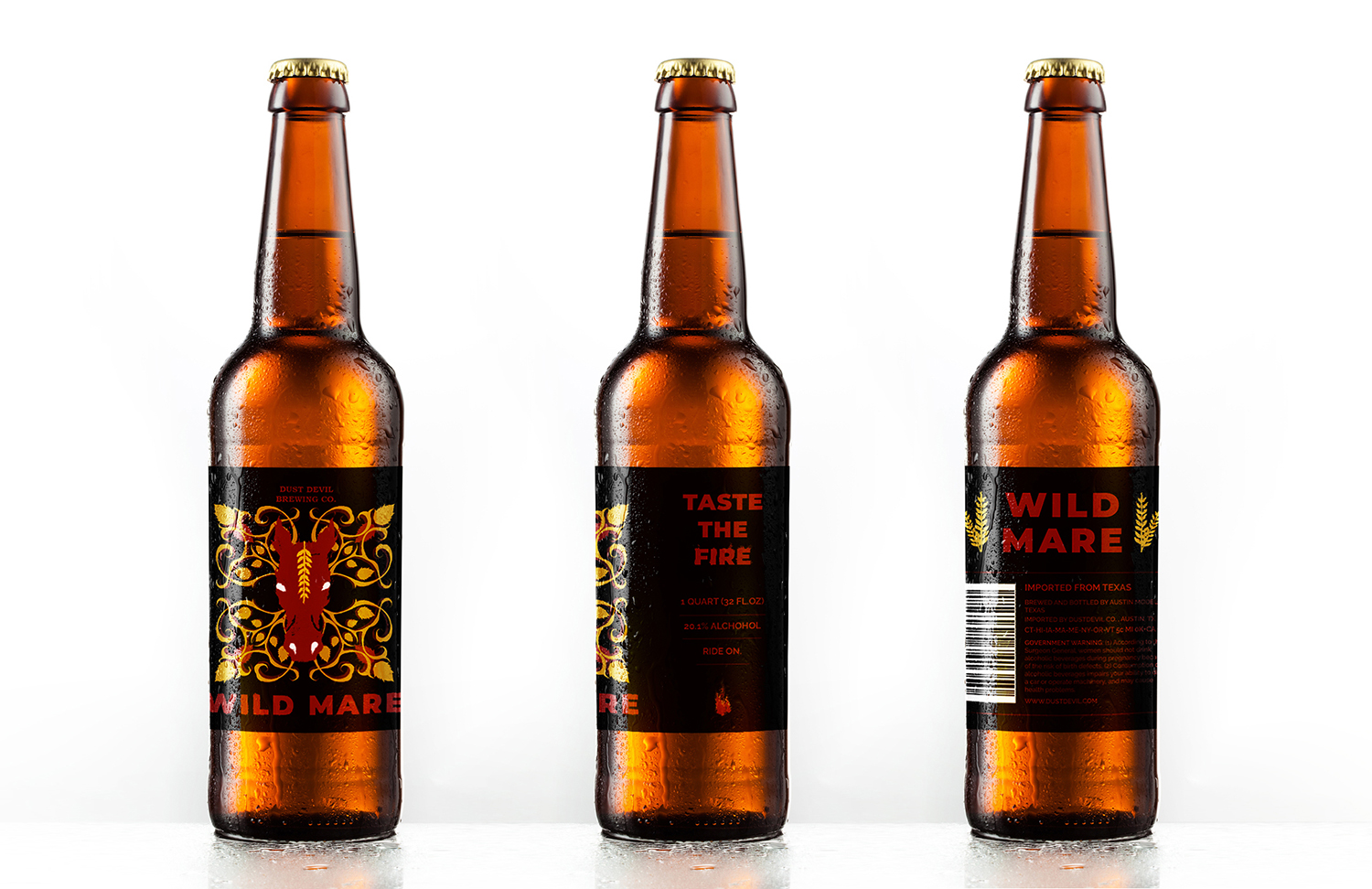 3 beer bottles displaying a wraparound lable from different angles 