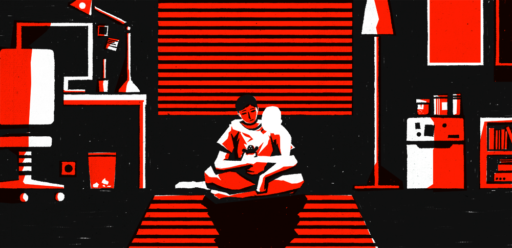 illustration of a lone figure in a room being embraced from behind by an invisible form