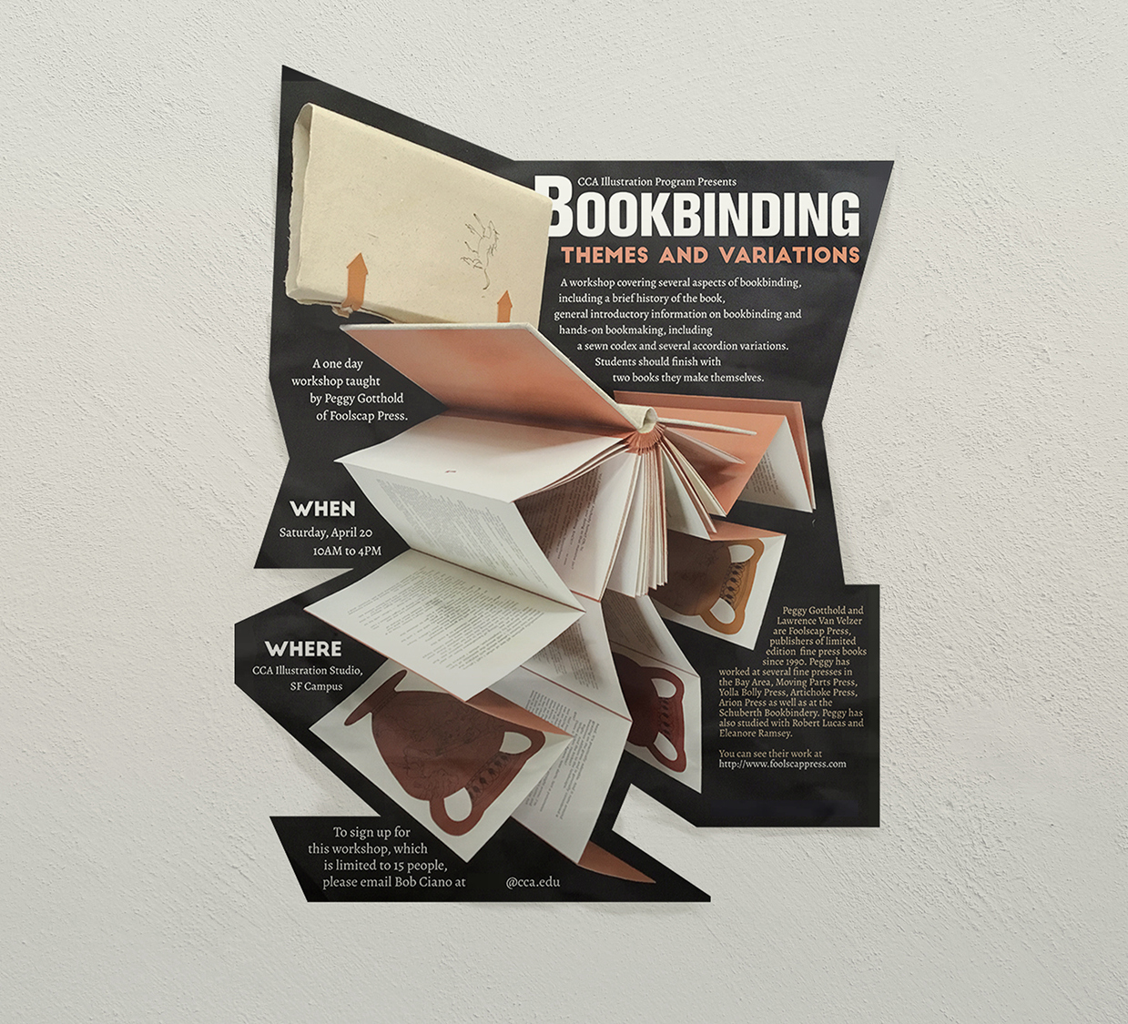a poster for a bookbinding course on a white wall
