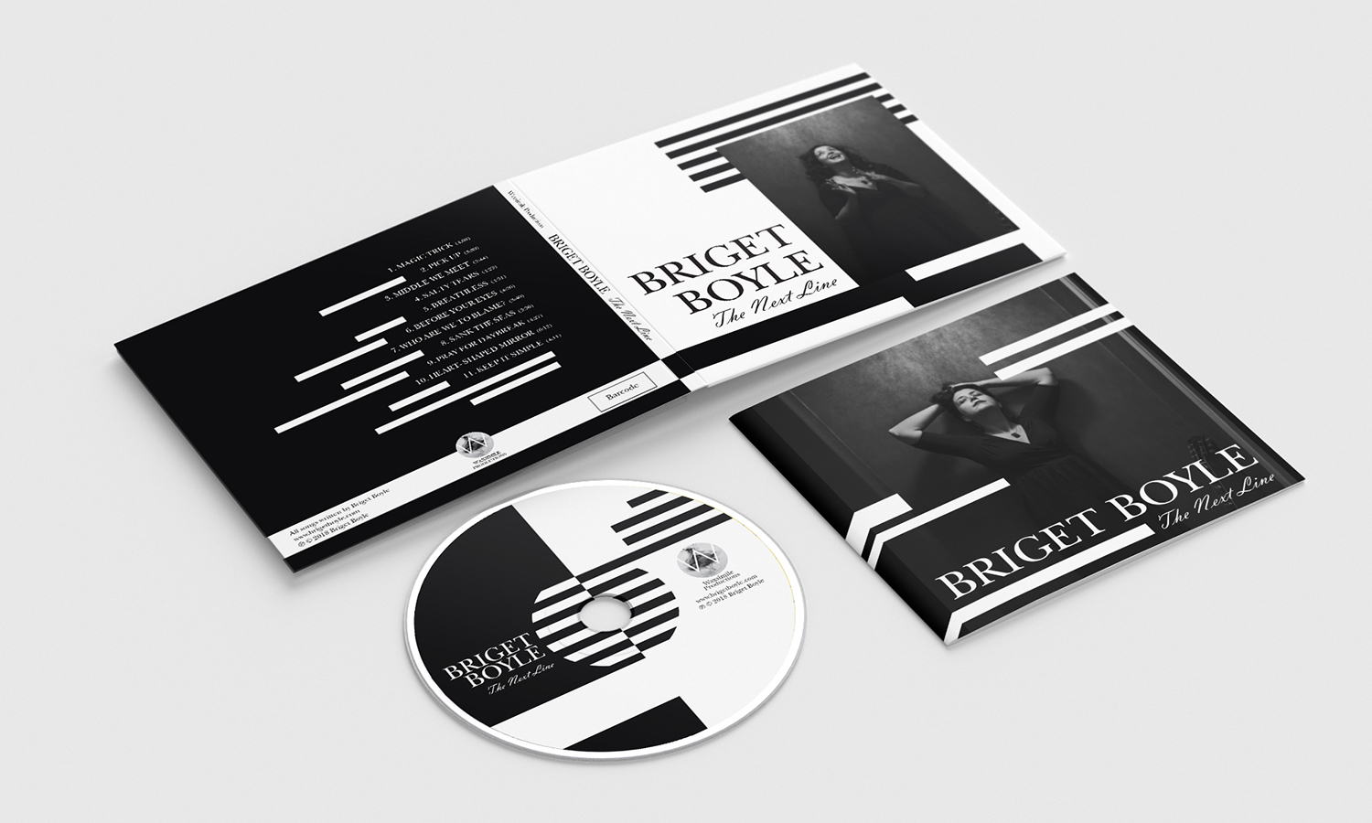 top down view of the front and back cover, interior booklet and cd design of an album