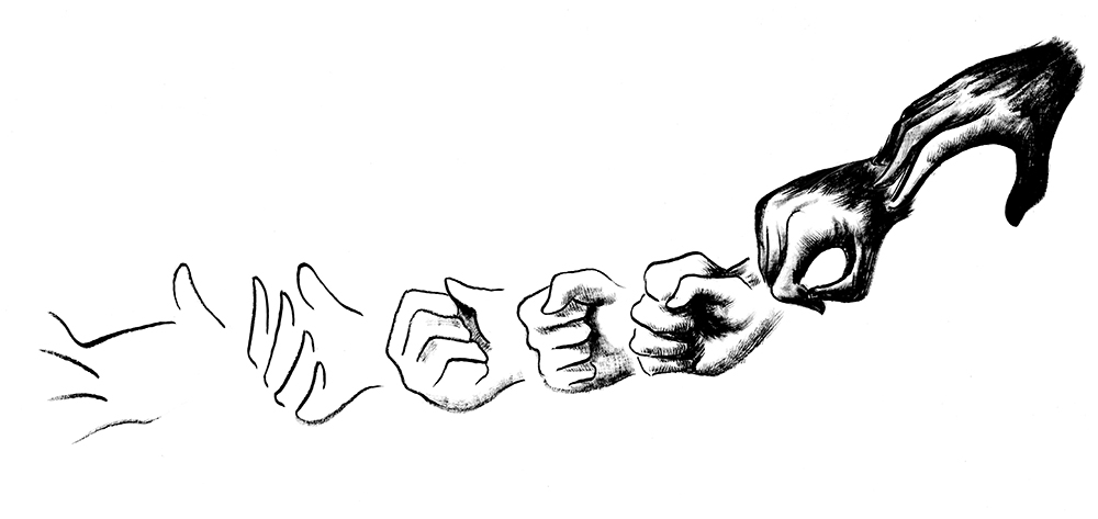 illustration of a hands fading to lines from right to left