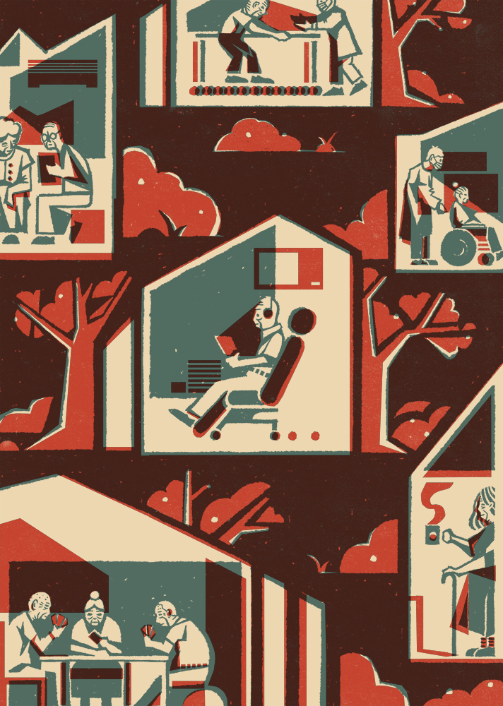 illustration of old people in buildings receiving different sorts of care and comfort