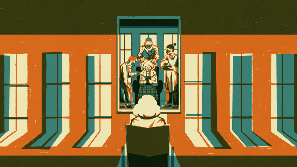 illustration of old woman in an empty room staring at a mirror with reflections of three nursing home staffers taking care of her