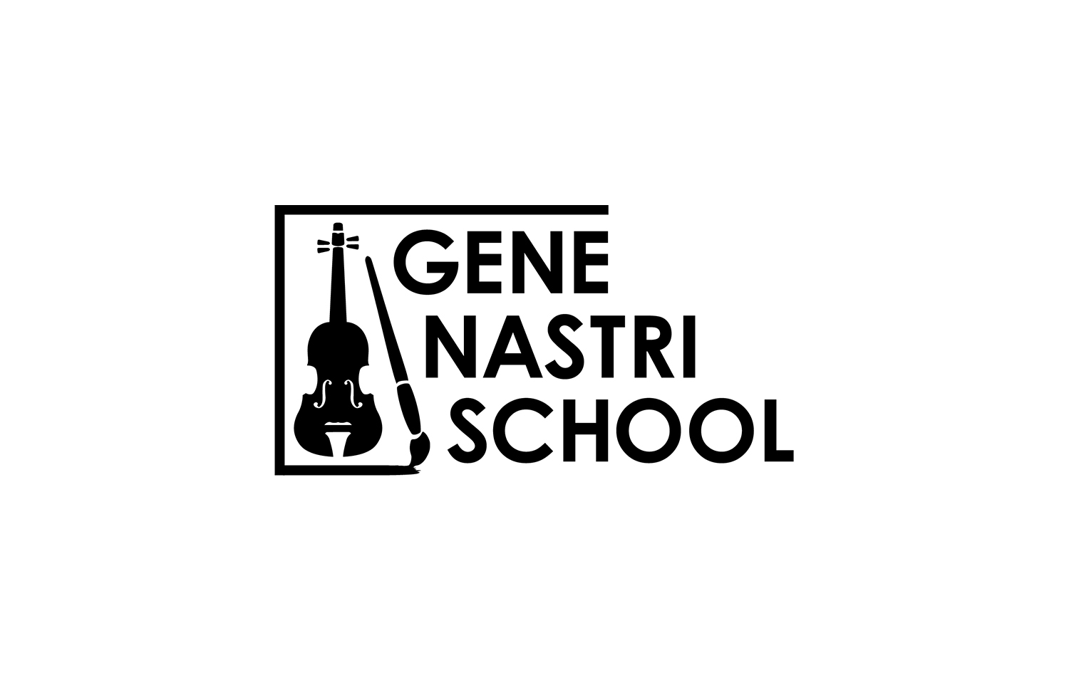 black and white logo design with illustration of a violin and paintbrush enclosed by lines on the top, left and bottom