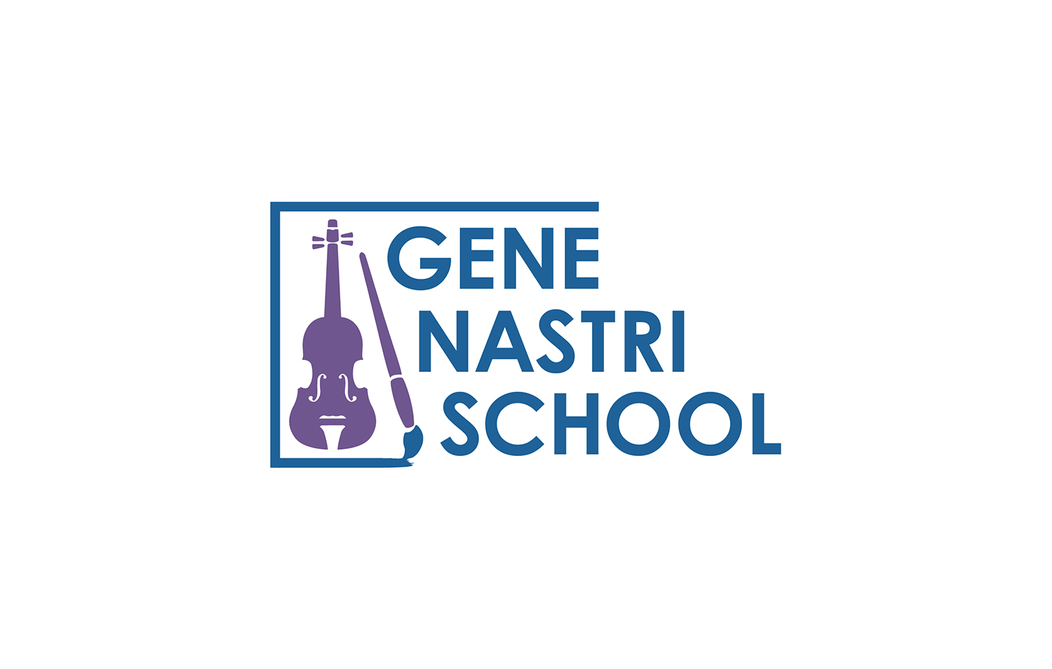 logo design with illustration of a violin and paintbrush enclosed by lines on the top, left and bottom