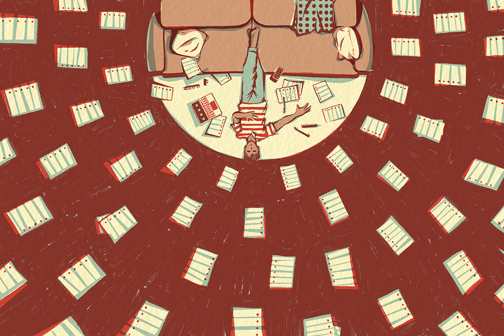 illustration of a man laying on the ground surrounded by paper