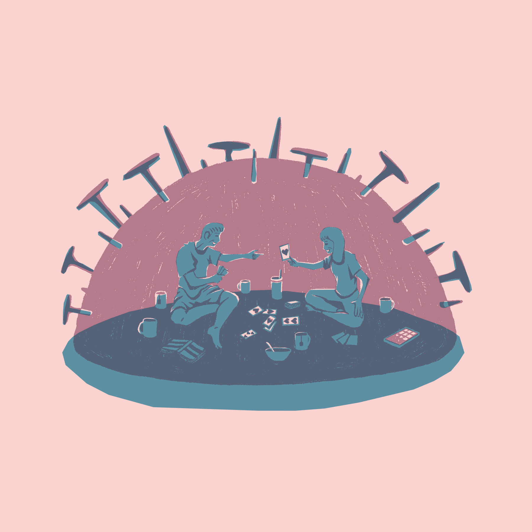 looping animation of a man and woman in a covid dome playing cards