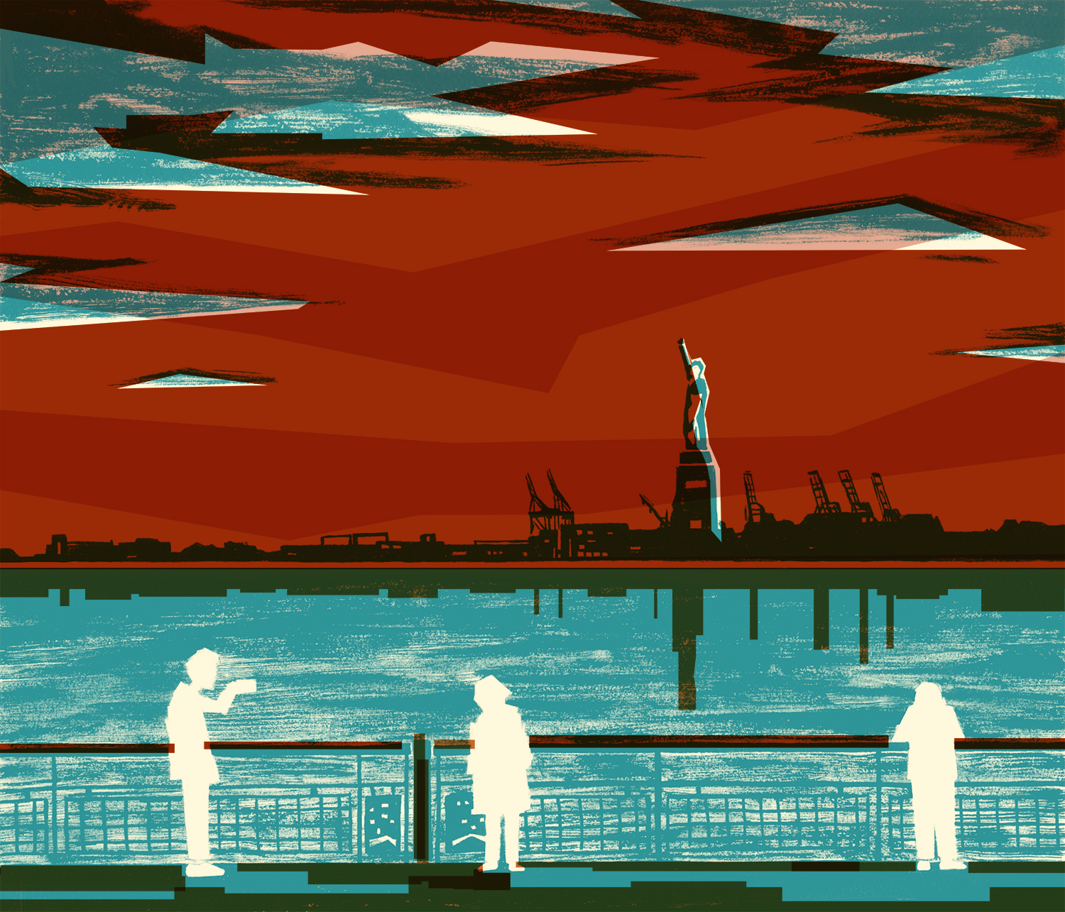 illustration of three figures staring at the Statue of Liberty across a body of water 