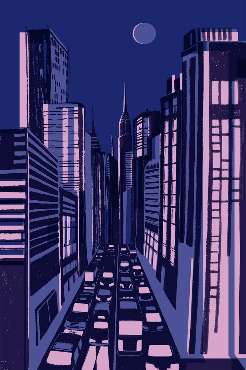 illustration of traffic travelling between tall skyscrapers at night