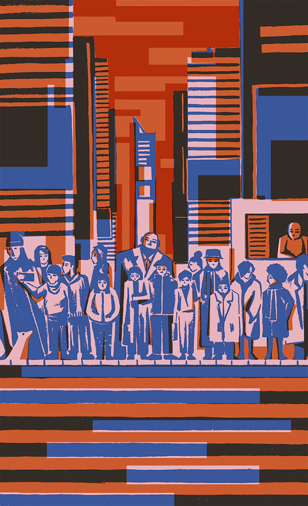 illustration of people in Times Square at a zebra crossing
