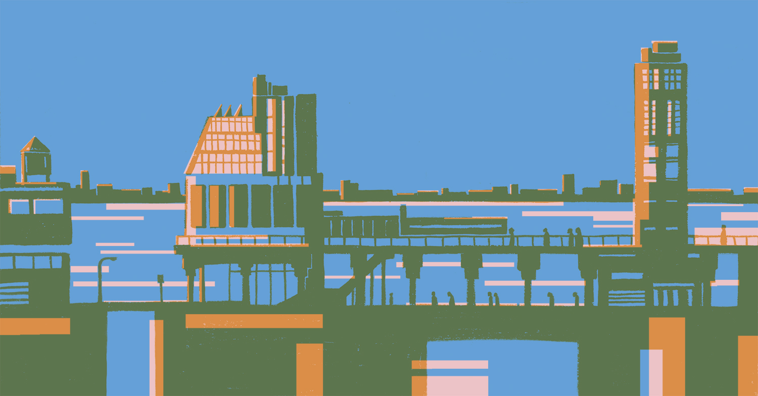 illustration of the Whitney Museum along the Hudson River