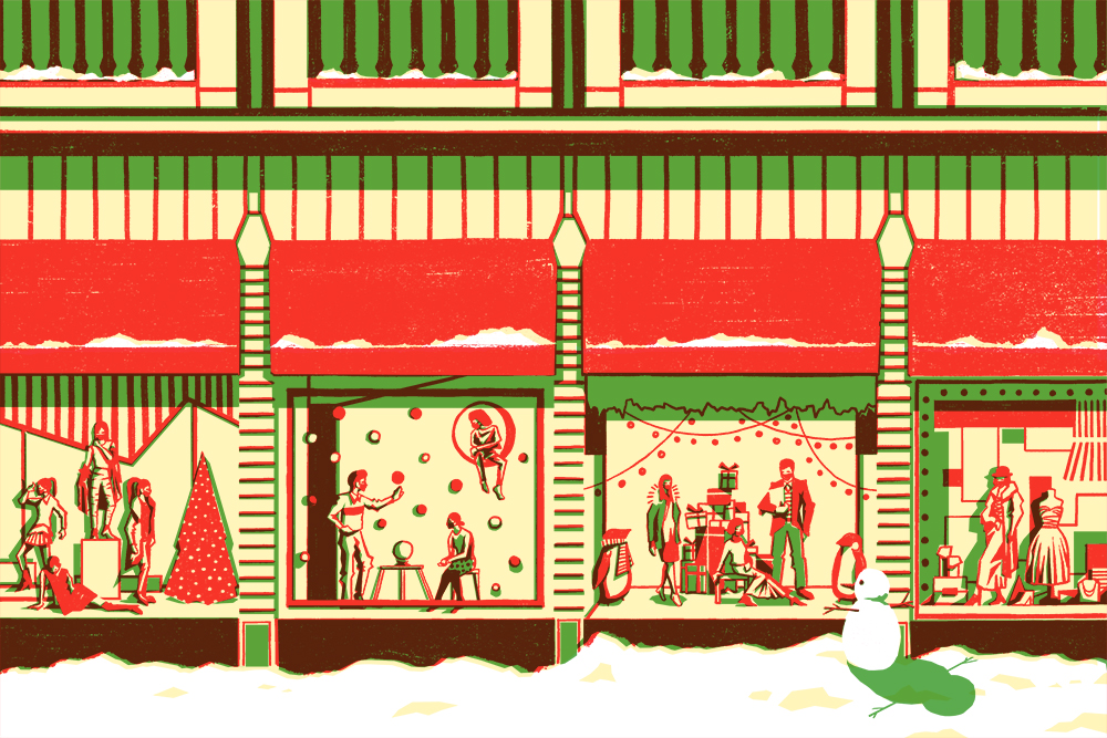 illustration of a snowman staring into a display windows filled with masked mannequins