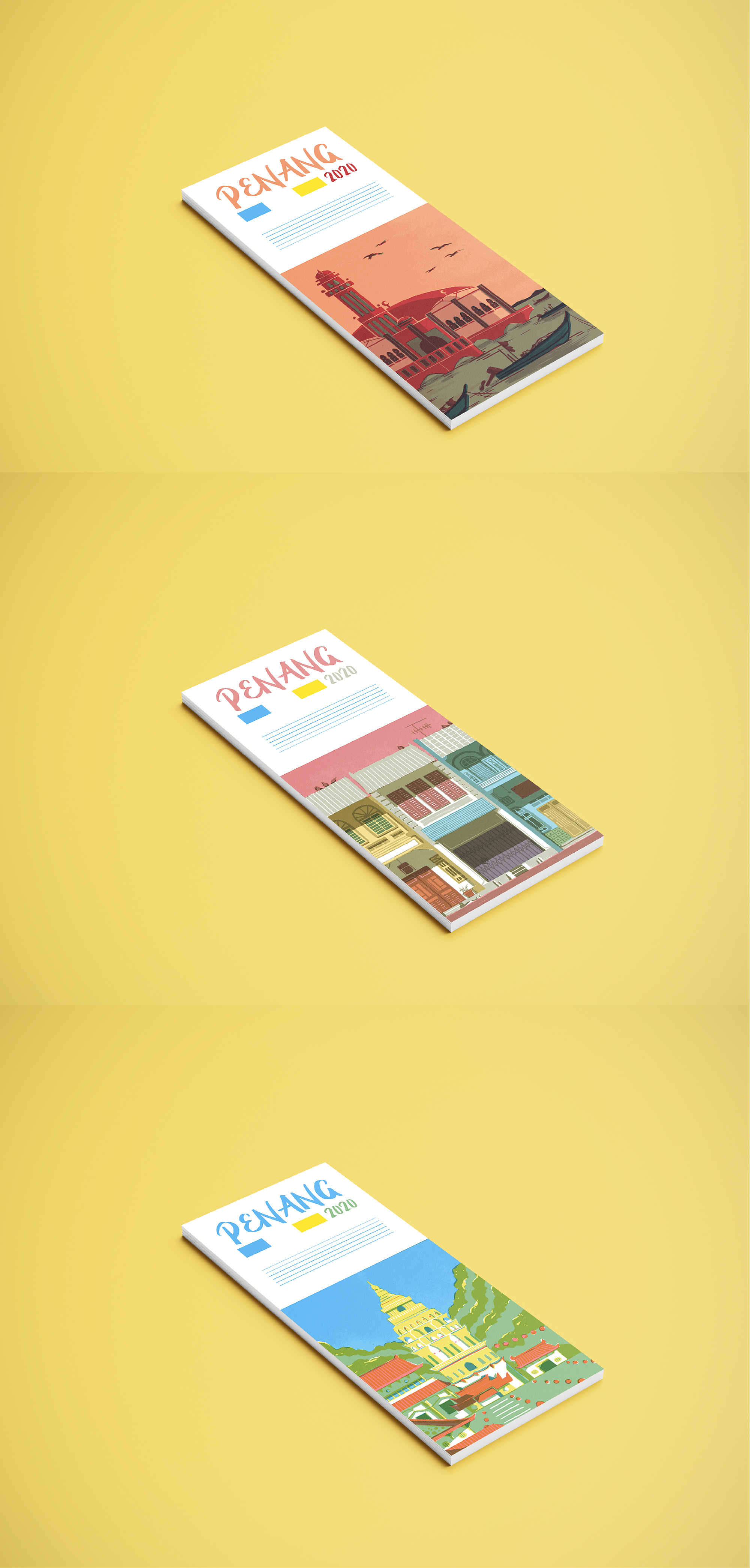 tall brochures with illustrations of buildings on the front page