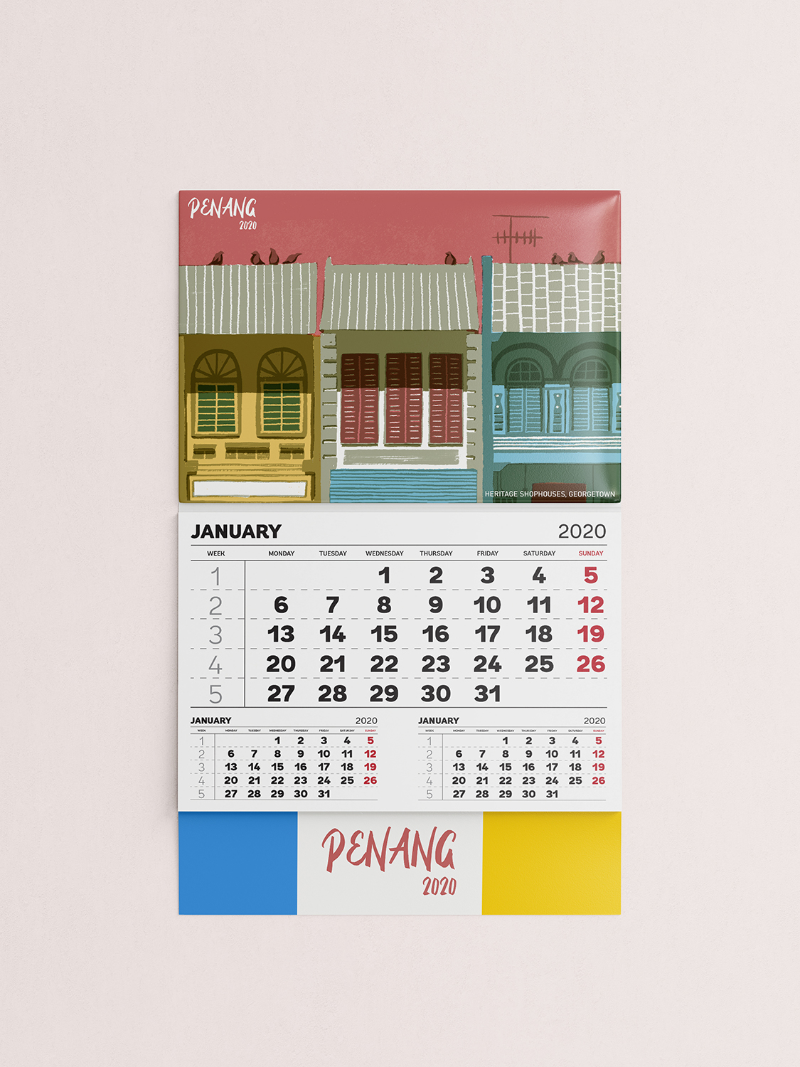 calendar with illustration of heritage colonial buildings on the top design