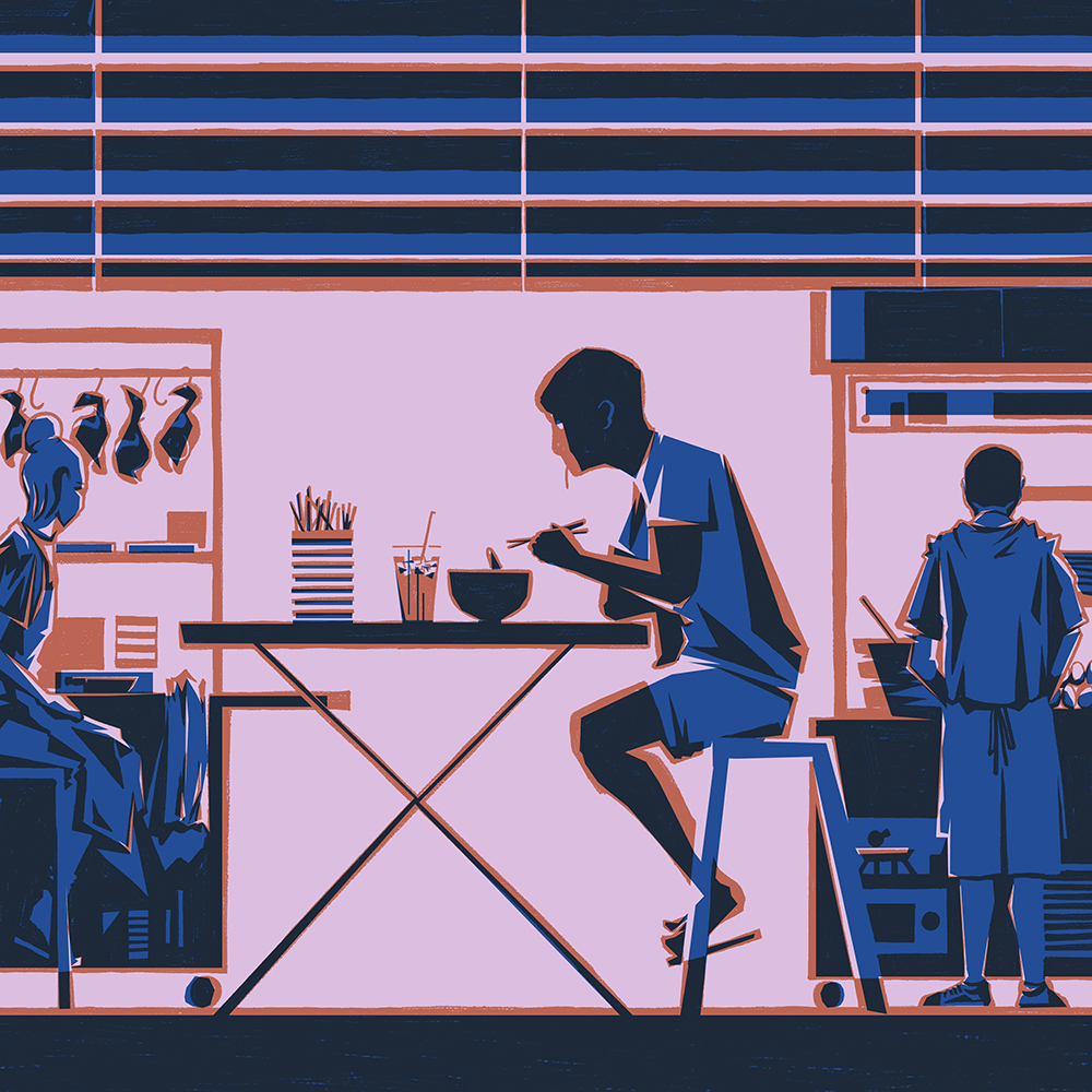 illustration of a man inside a hawker center eating a bowl of noodles