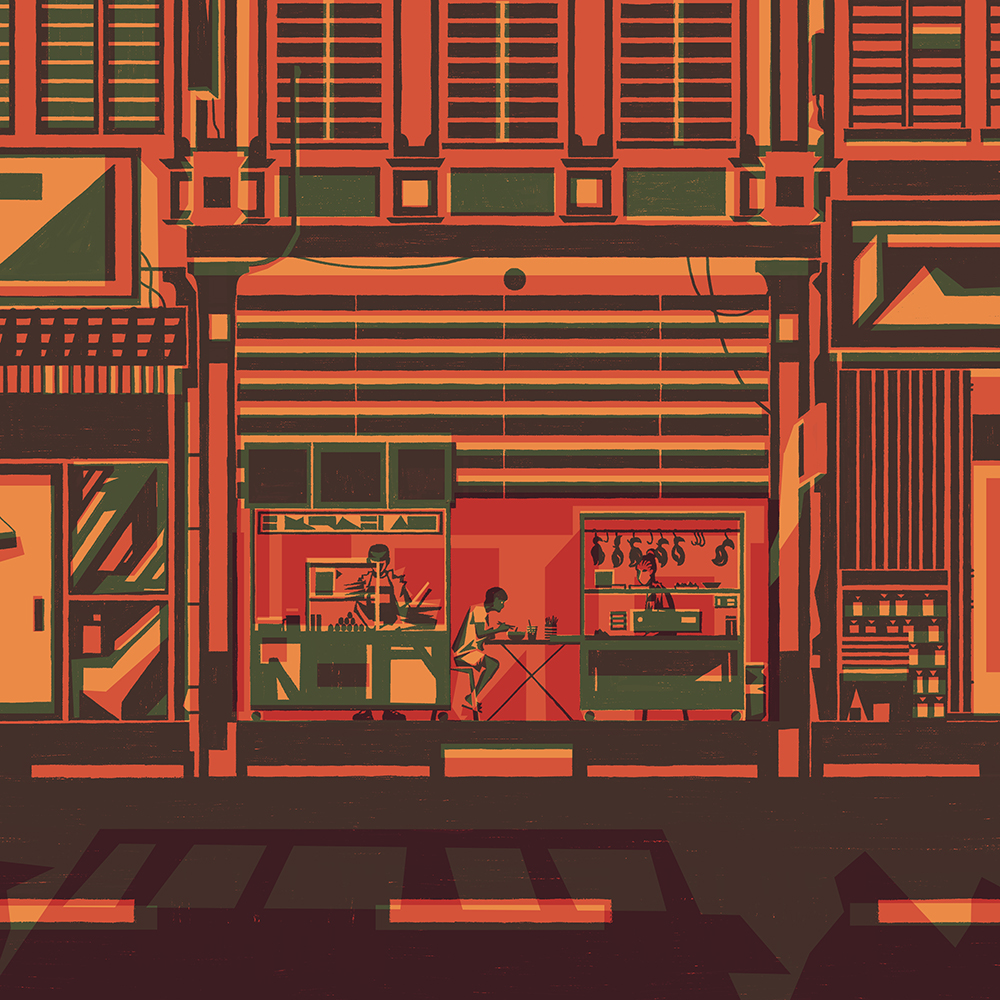 illustration of a row of shophouses with a man eating in the middle shop