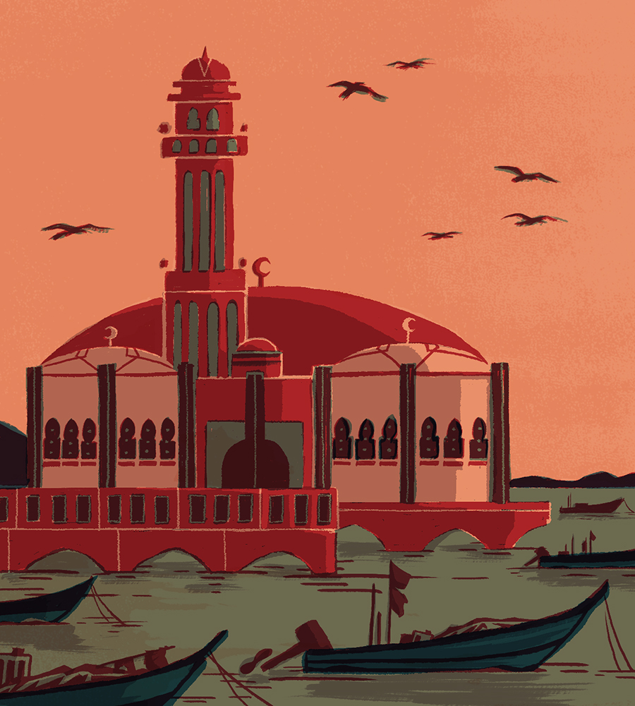 illustration of a Muslim mosque built on the sea with fishing boats in the foreground
