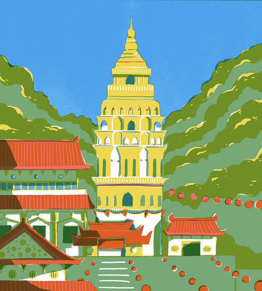 illustration of a tall Buddhist temple with hills surrounding it