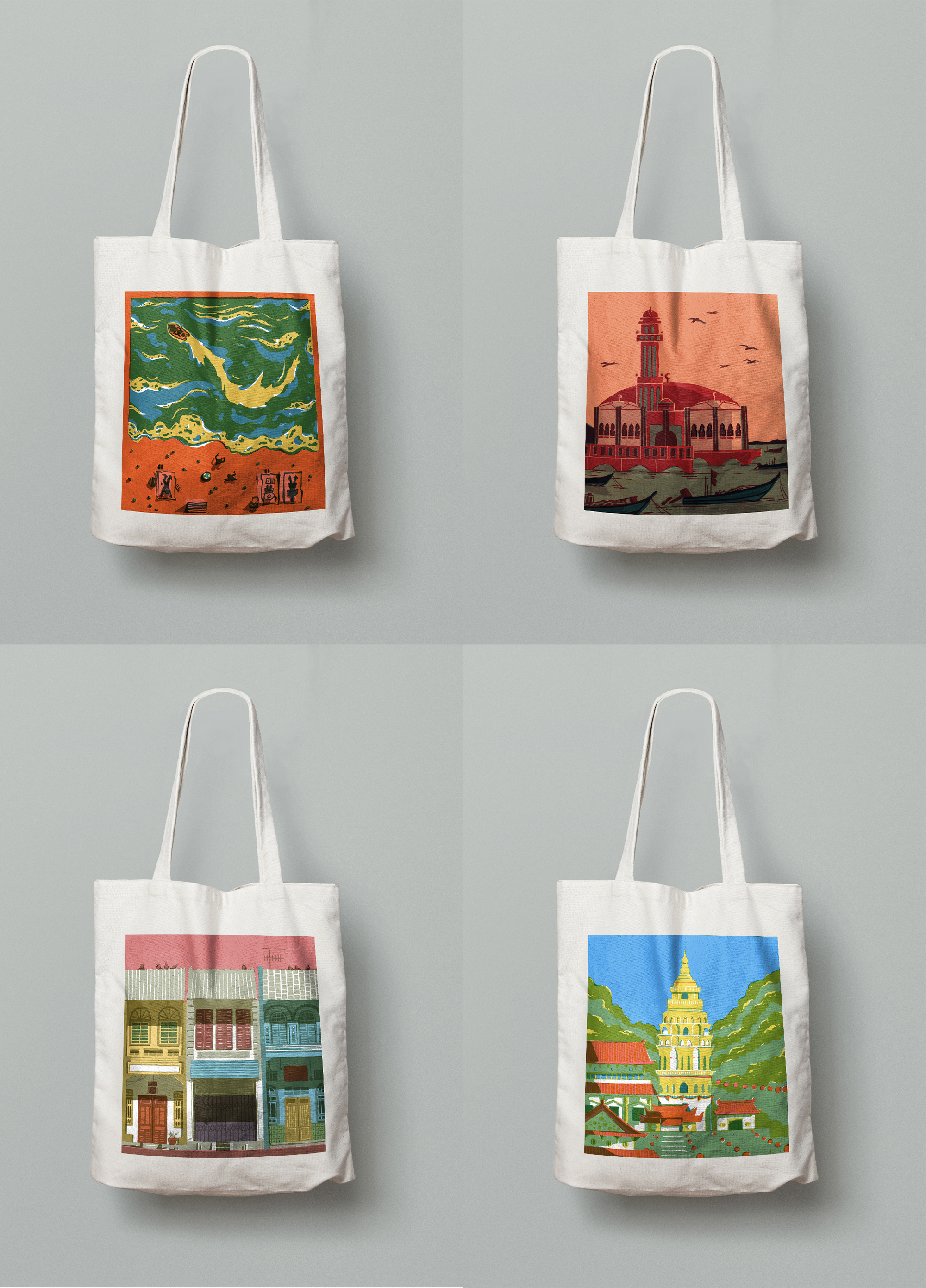 canvas tote bags with illustration of buildings printed on them