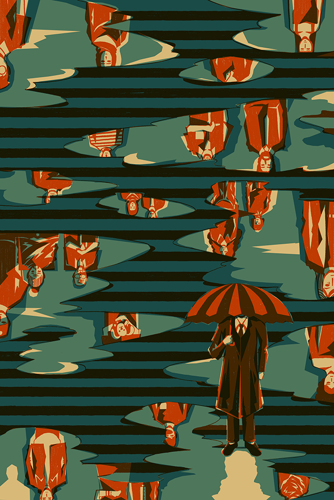 illustration of people reflected in rain puddles as a man holding an umbrella walks forward