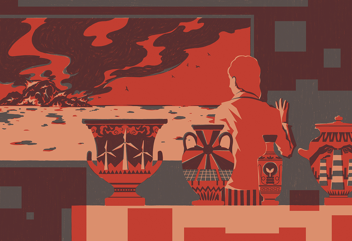 illustration of greek vases with woman staring out of a window at burning islands in the background