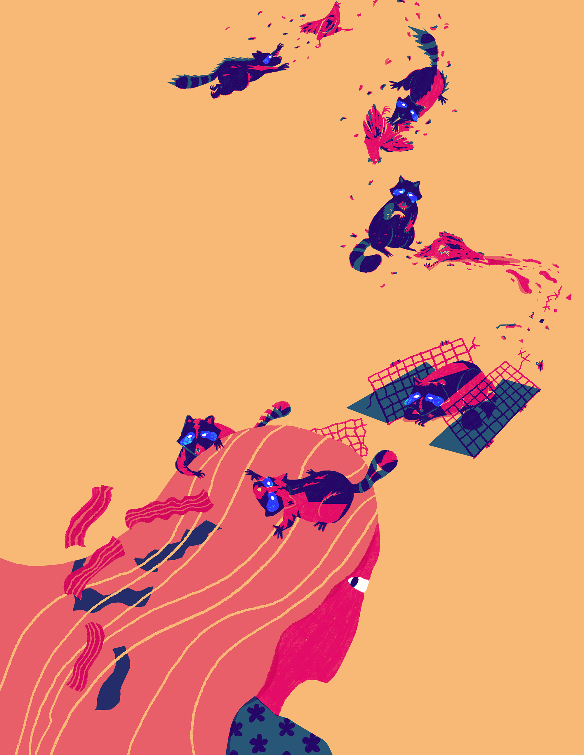 illustration of a woman surrounded by raccoons