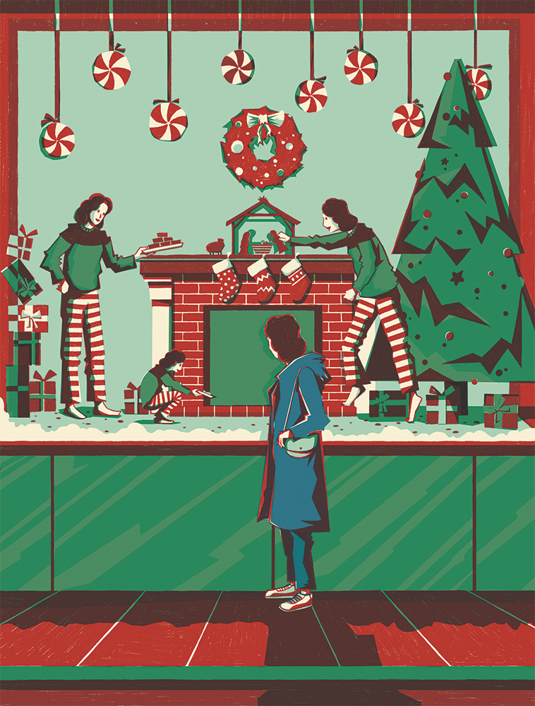 illustration of a woman staring into a xmas storefront display with mannequins resembling her