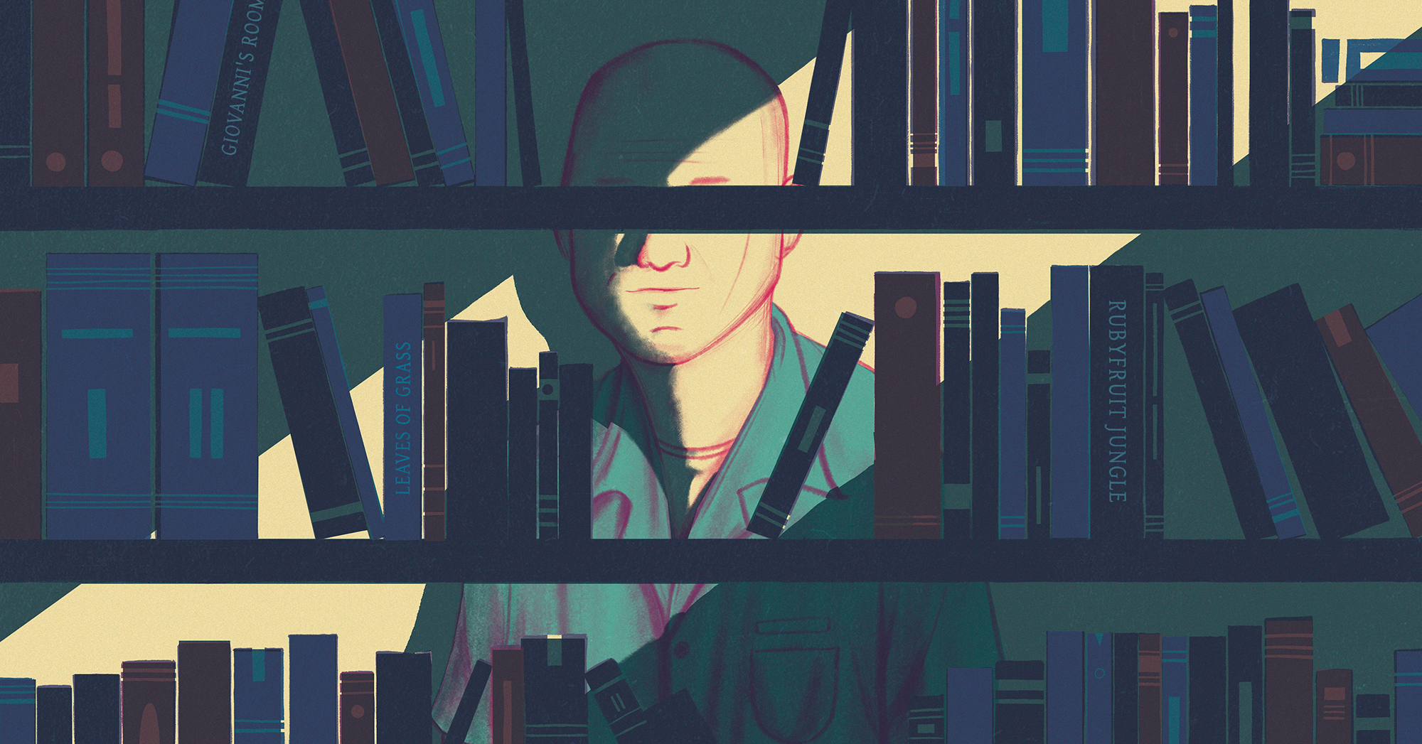 illustration of a man behind a bookshelf