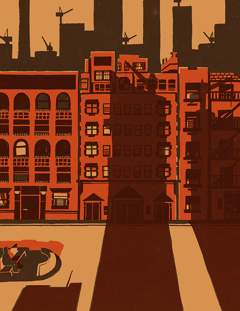 illustration of traditional red brick buildings with shadows of skyscrapers and cranes in the foreground and background
