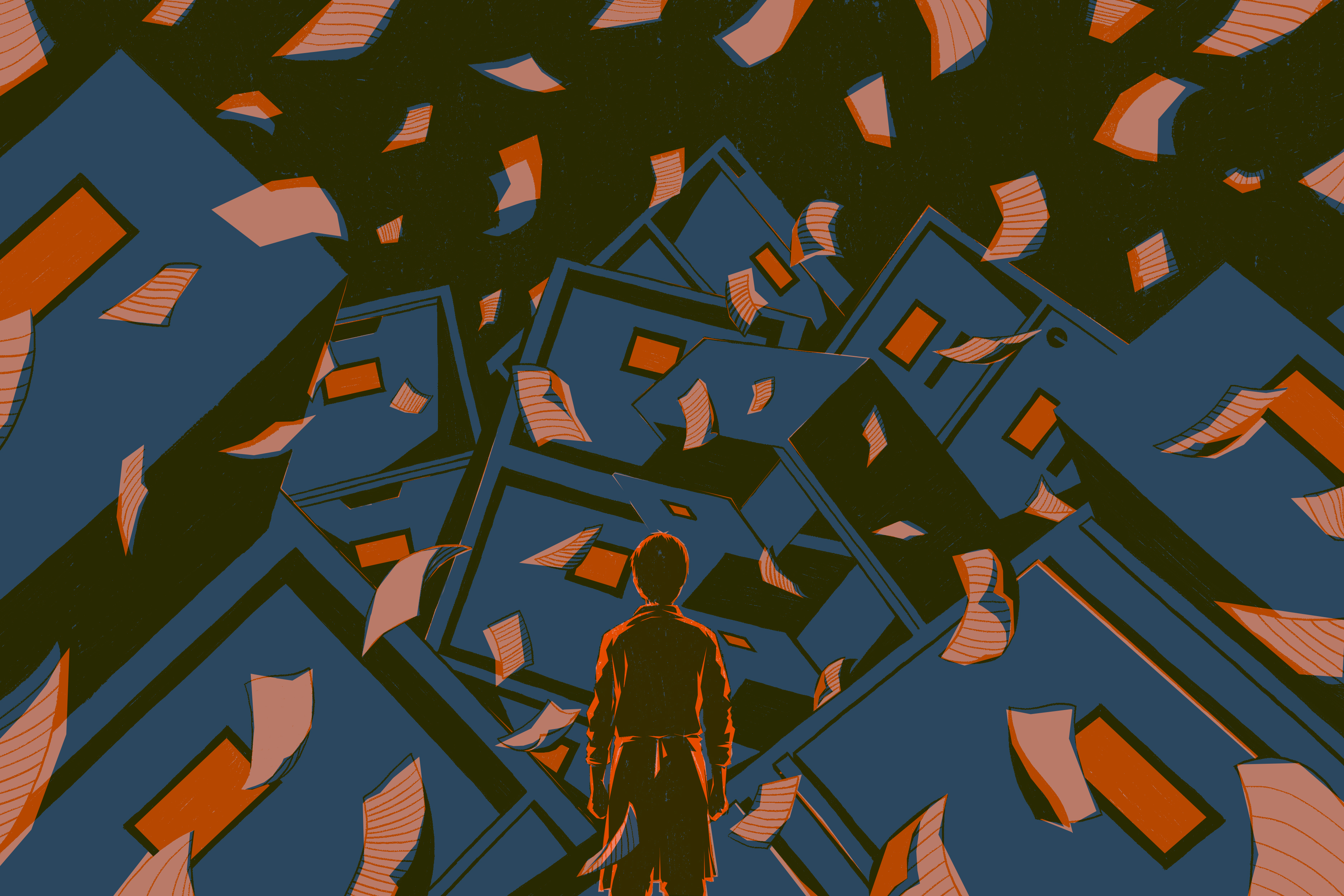illustration of a waiter staring at huge collapsing filing cabinets as documents float down around them