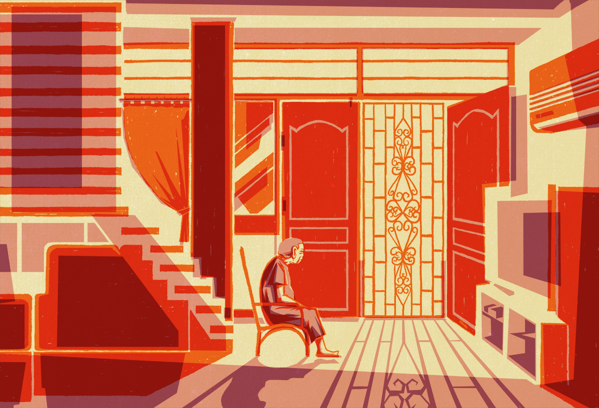 illustration of an old woman in a large empty house staring at the door