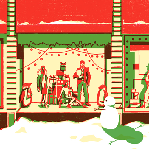 thumbnail of a snowman staring into display window full of masked mannequins during Christmas