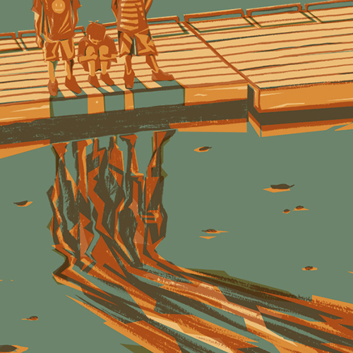 thumbnail of three boys on a dock playing with their reflections in the water