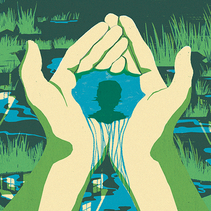 thumbnail of old woman in front of mirror with 3 nursing home staff workers around her