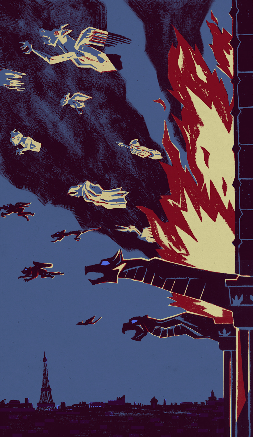 illustration of gargoyles flying away from a burning church fire
