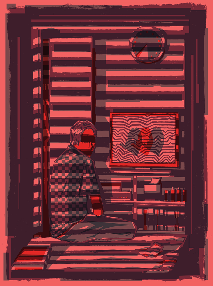 illustration of a man watching television alone in a dark room with the shadows of blinds reflected across the room