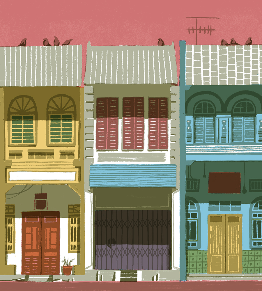 illustration of a row of heritage colonial buildings