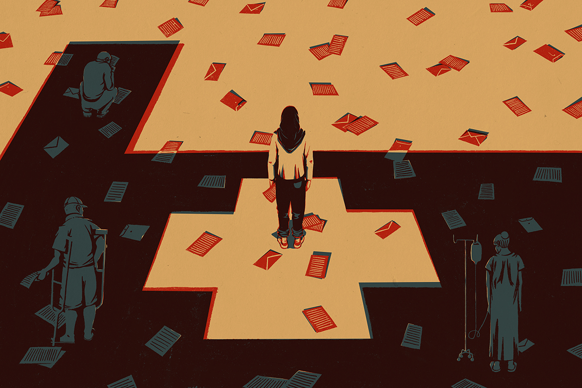 illustration of a people staring at papers on the ground while a shadow of a large building with a cross in the middle looms over