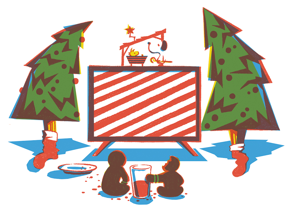 illustration of two gingerbread men sitting in fronto of static tv with two christmas trees flanking them