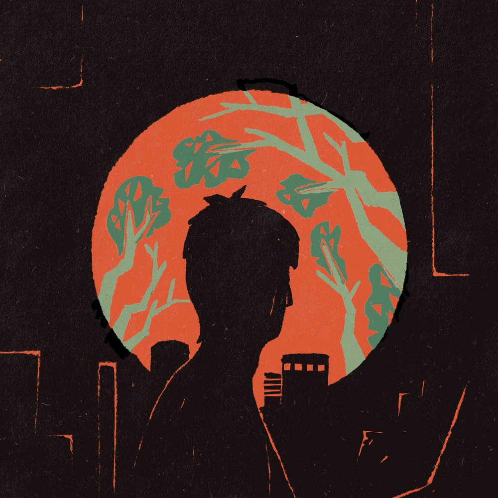 thumbnail of a person looking out of a window at a moving tree against an orange sky