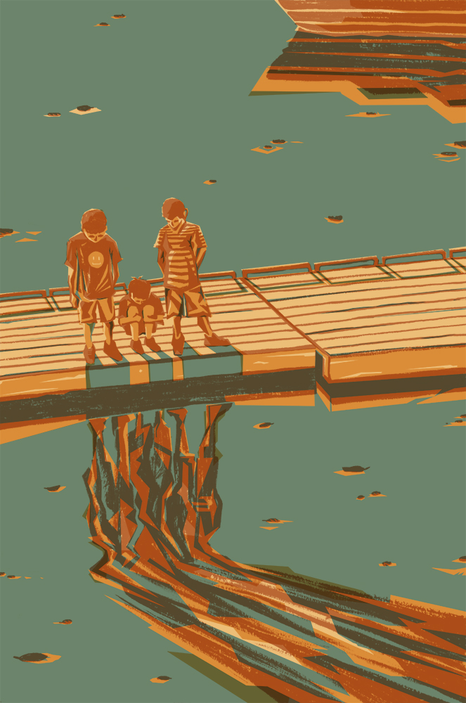 illustration of three boys on a dock staring at their distorted reflections in the water