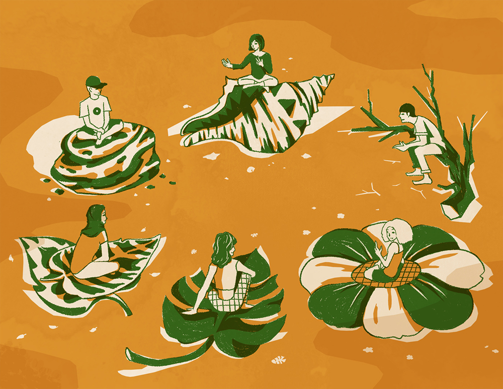 illustration figures gathred in a circle sitting on top of various natural objects