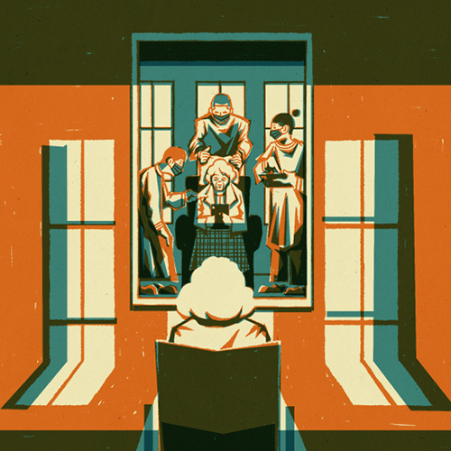 thumbnail of old woman in front of mirror with 3 nursing home staff workers around her