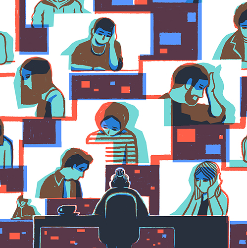 thumbnail of stressed office workers on multiple screens in front of their CEO