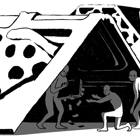 thumbnail of figure passing a briefcase underneath a lunch tray