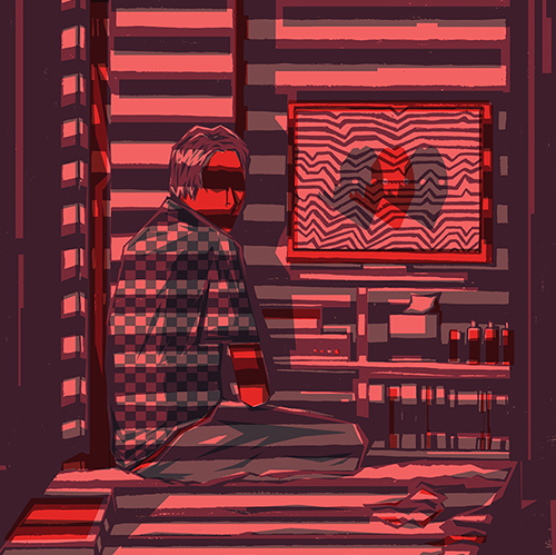 thumbnail of figure in a dark room with the cast shadow of window blinds across the room