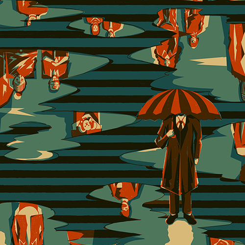 thumbnail of people reflected in puddles as a man holding an umbrella walks away
