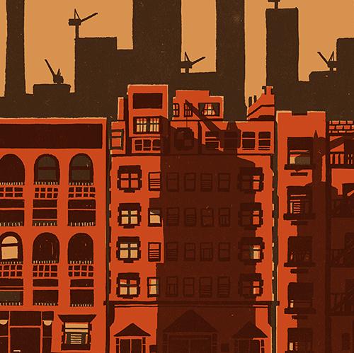 thumbnail of red brick buildings in New York City with tall cranes and new buildings in the background