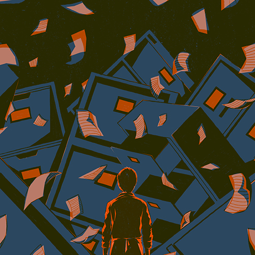 thumbnail of waiter watching filing cabinets collapse while documents fall from the sky